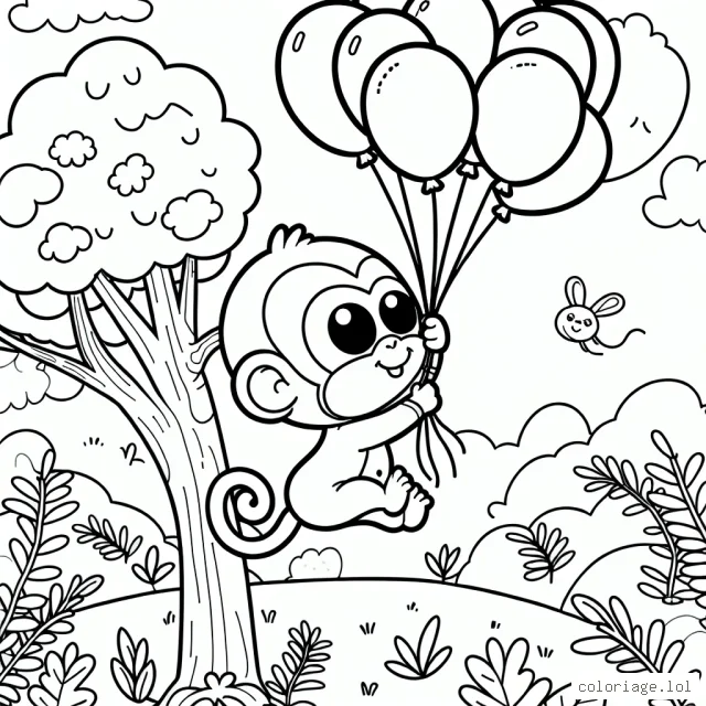 Un petit singe coquin jouant avec des ballons multicolores sur un arbre au milieu d'une jungle animée