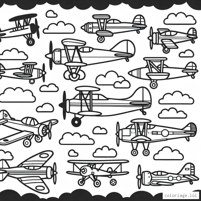 Dessin à colorier représentant un spectacle aérien avec différents types d'avions