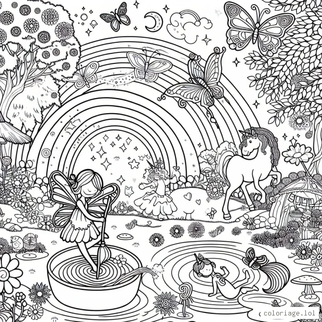 Dessine un joli jardin enchanté avec une fée en train de faire de la magie, des papillons colorés volant autour, une licorne qui mange des arcs-en-ciel et une petite sirène dans une mare.