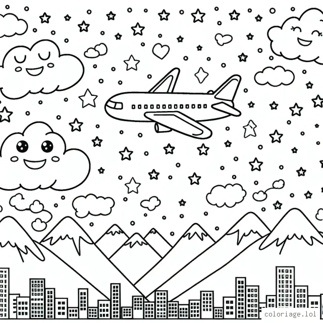 Un avion traverse le ciel étoilé, avec des montagnes en arrière-plan, des nuages mignons souriant et une ville colorée en bas