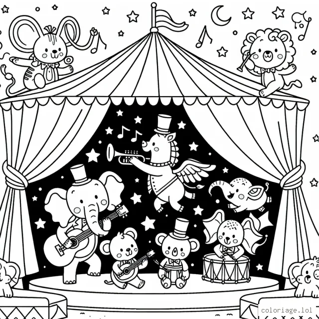 Un cirque magique avec des animaux drôles jouant des instruments de musique sous un grand chapiteau étoilé