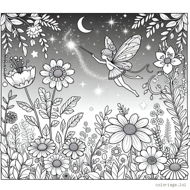 Imagine une scène féerique dans un jardin enchanté où une petite fée aux ailes scintillantes vole autour de magnifiques fleurs.