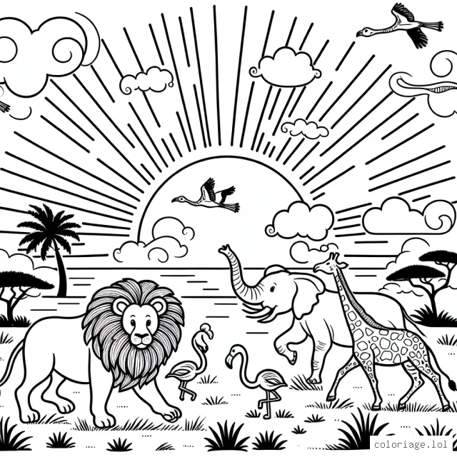 Un safari africain comprenant des animaux exotiques tels qu'un lion, un éléphant, une girafe et des flamants roses traversant la savane. Il y a aussi un coucher de soleil coloré en arrière-plan.