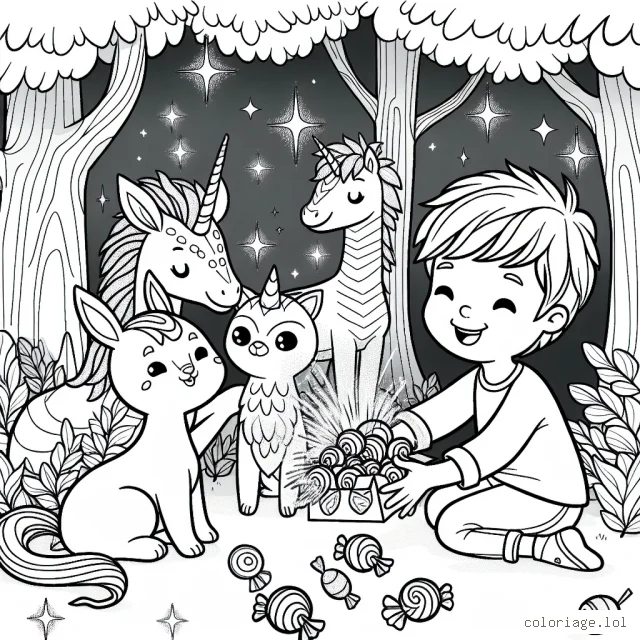 Un garçon partage des friandises brillantes avec des animaux fantastiques dans une forêt enchantée