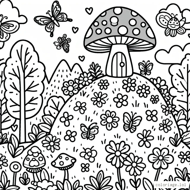 En haut d'une colline, une maison en forme de champignon avec autour, un jardin rempli de fleurs colorées et de petites fées. Des papillons volettent dans les airs et des animaux de la forêt jouent à cache-cache.