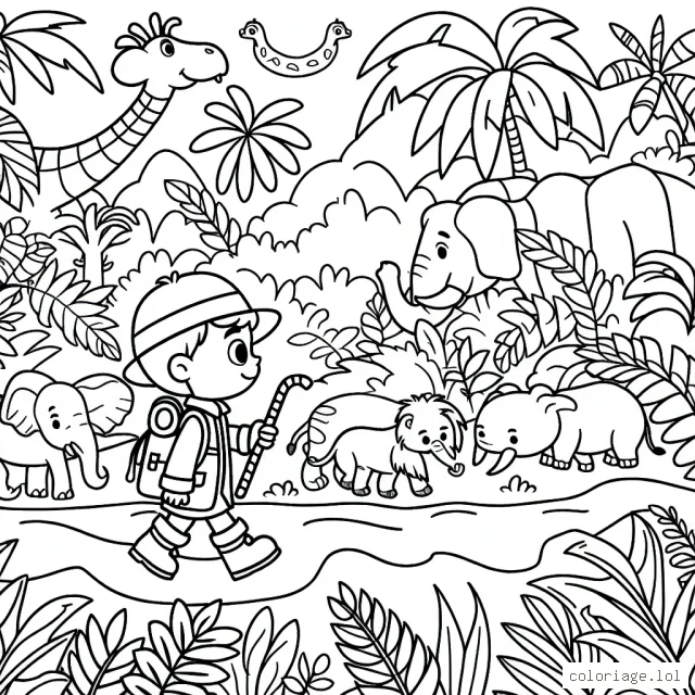 Imagine un petit aventurier traversant une dense jungle remplie d'animaux exotiques