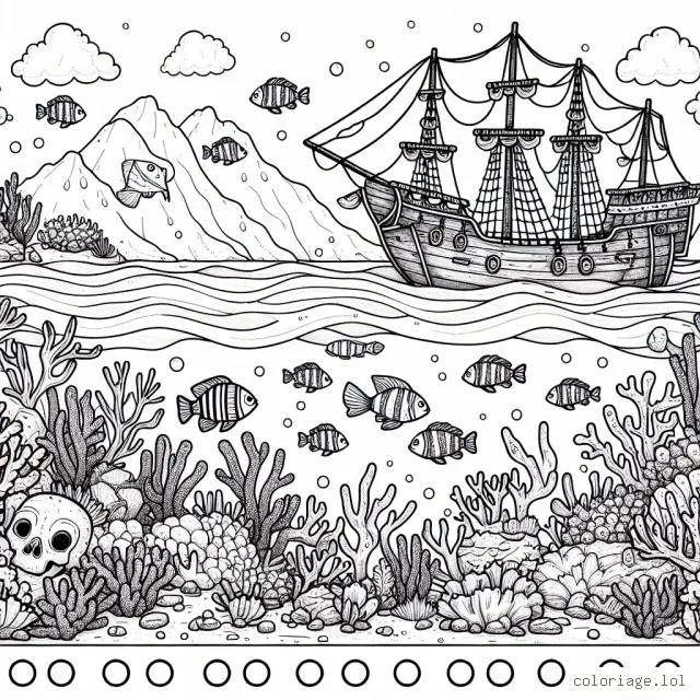 Imagine un paysage sous-marin plein de vie avec une variété de poissons, de coraux et une mystérieuse épave de navire pirate.