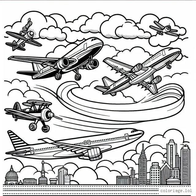 Sur cette scène merveilleusement dessinée, tu peux voir des avions acrobatiques volant dans le ciel bleu, un gigantesque avion de ligne survolant une ville animée, un avion militaire prêt pour la mission et un avion à hélice vintage. En plus, il y a des nuages pour donner plus de profondeur à l'arrière-plan.
