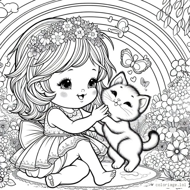 Une petite princesse joue avec son adorable chaton dans un jardin fleuri sous un arc-en-ciel