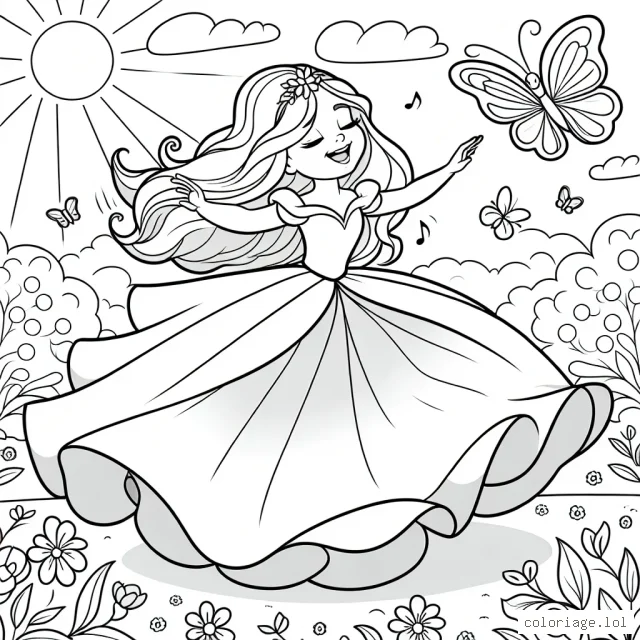 Une princesse danse joyeusement avec un papillon dans un paysage de jardin fleuri sous un ciel ensoleillé.