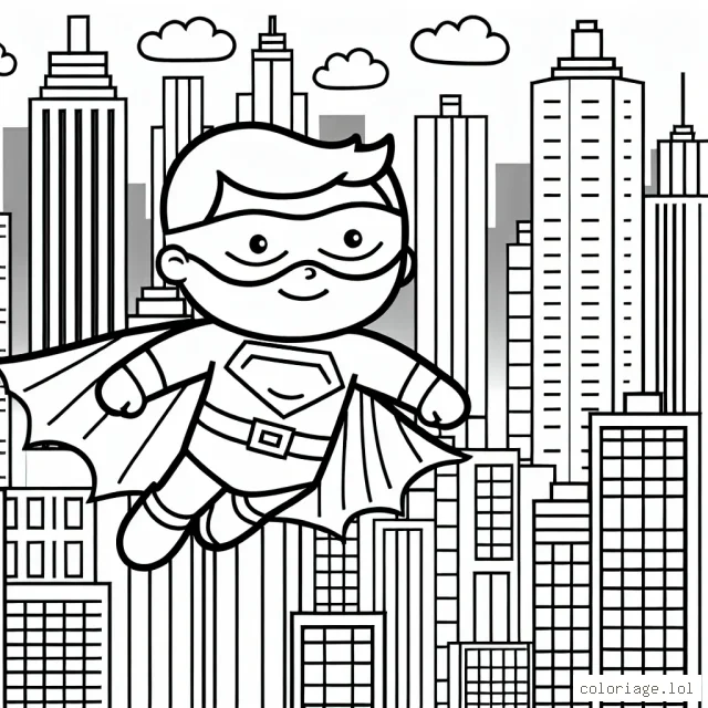 Imagines que tu es un super-héros courageux volant à travers les gratte-ciels de la ville ! Utilises tes crayons pour donner vie à cette aventure passionnante.