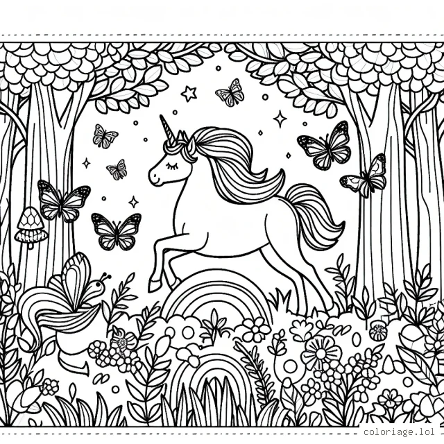 Une scène enchantée de forêt avec des licornes, des papillons magiques et des fleurs colorées.