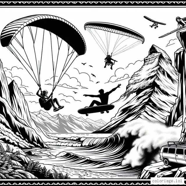 Imaginer une scène incroyable de sports extrêmes avec un parapentiste survolant des montagnes, un surfeur affrontant une énorme vague, un skateur réalisant un ollie au-dessus d'un gap colossal et une grimpeuse accrochée à une falaise rocheuse.