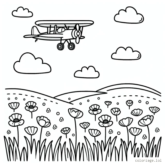 Dessine un avion volant haut dans le ciel, survolant un champ verdoyant parsemé de coquelicots. Ajoute également quelques petits nuages autour de l'avion.