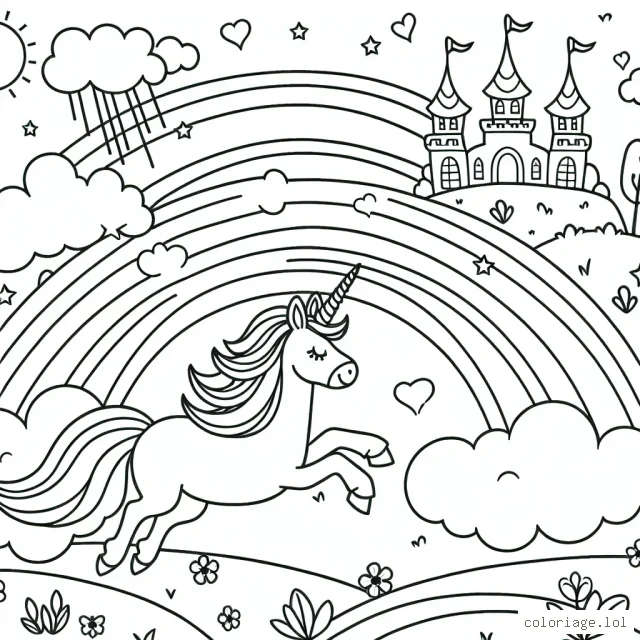 Une course de licornes sur des arcs-en-ciel autour d'un château enchanté