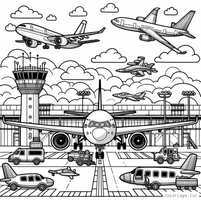Tu te trouves dans un grand aéroport avec trois avions colorés à décorer. L'un est un grand avion de passagers, le second est un avion de chasse rapide et le dernier est un petit avion à hélices. Mais attend! Il y a aussi une tour de contrôle et de nombreux autres détails pour apporter encore plus de couleur à cette scène animée d'aéroport!