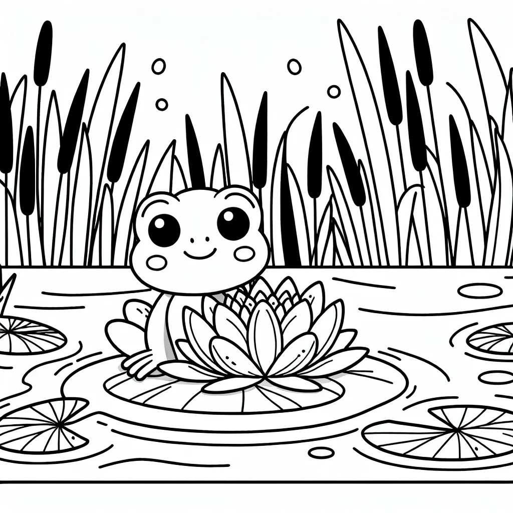 Une petite grenouille fait une balade sur un nenuphar qui flotte sur l'étang encadré par des roseaux majestueux.
