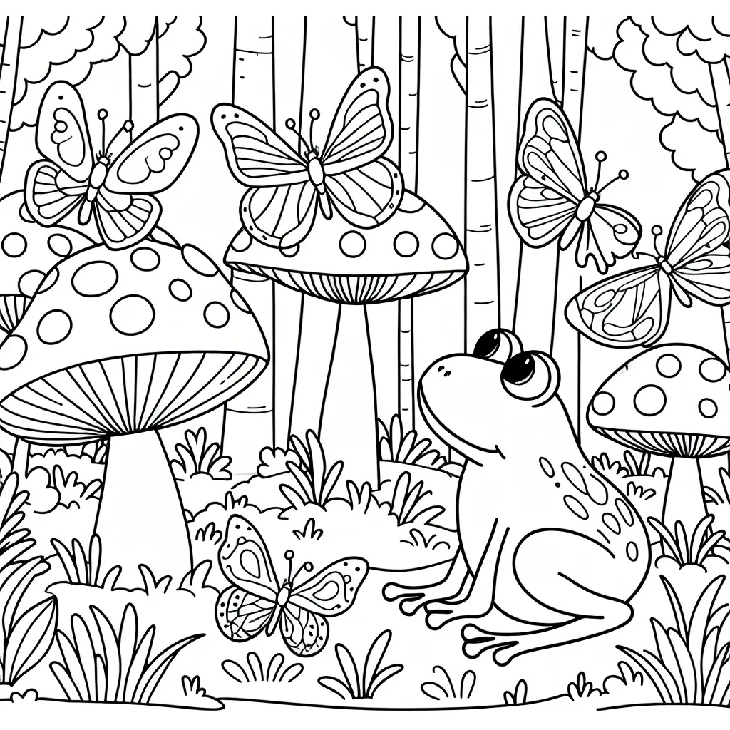 Dans une forêt magique de champignons géants, une petite grenouille séjourne avec ses amis papillons. Ils parlent, jouent et grignotent de petits encas tout au long d'une belle journée d'été.