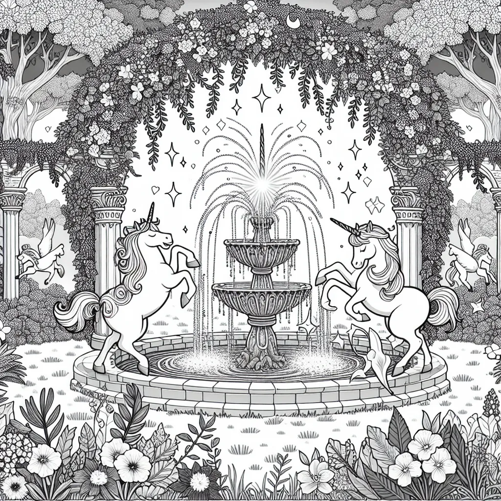 Un jardin enchanté avec des licornes dansant autour d'une fontaine magique