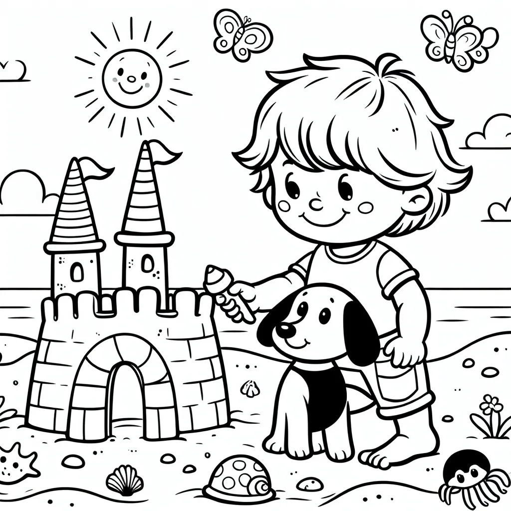 Un petit garçon nommé Léo et son chien fidèle, Biscuit, sont en train de construire un château de sable sur une plage ensoleillée. Autour d'eux, on peut voir des coquillages colorés, des crabes curieux et de jolis papillons. Tu peux voir un joyeux soleil dans le ciel et un fun pirate cherchant son trésor à proximité du château de sable.