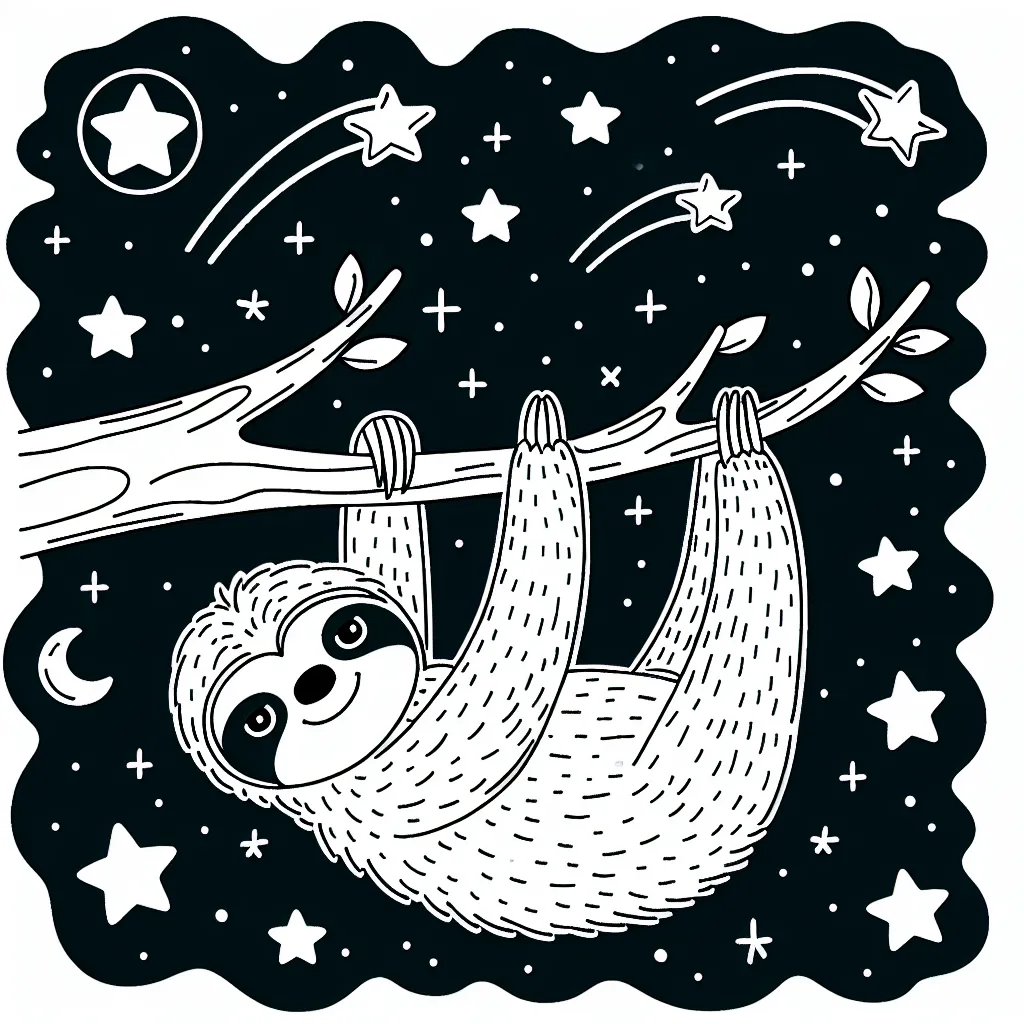 Un doux paresseux suspendu à une branche d'arbre, avec un ciel étoilé peuplé d'étoiles filantes en arrière-plan