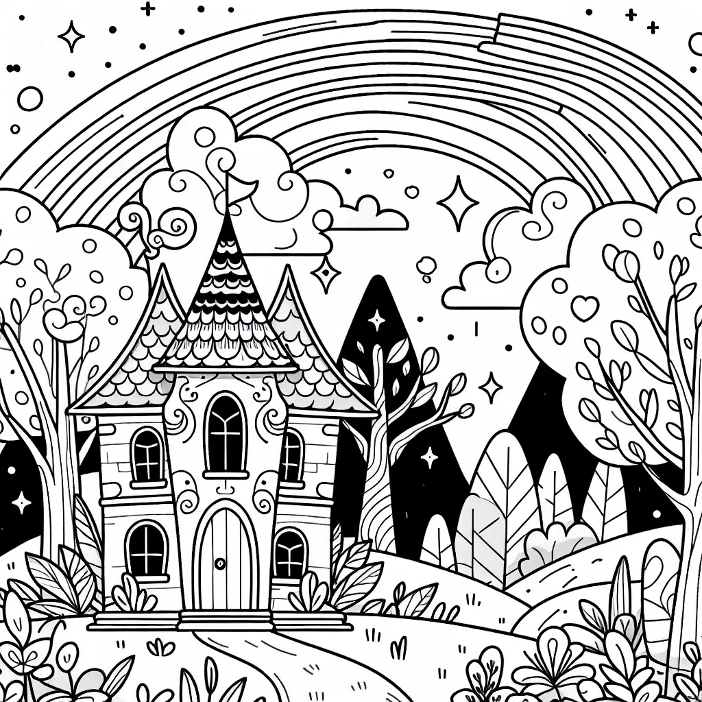 Dessine une maison enchantée dans une forêt magique traversée par un arc-en-ciel.