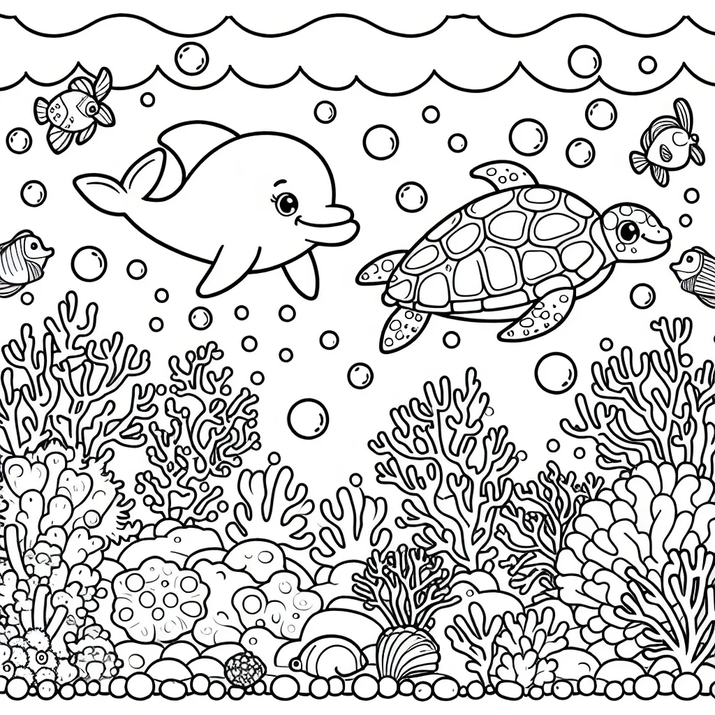 Partons à la découverte du monde magique sous-marin ! Dessine un merveilleux paysage aquatique rempli de coraux colorés, de poissons exotiques, d'une tortue joyeuse et d'un dauphin joueur. N'oublie pas d'ajouter quelques bulles amusantes flottant autour eux !