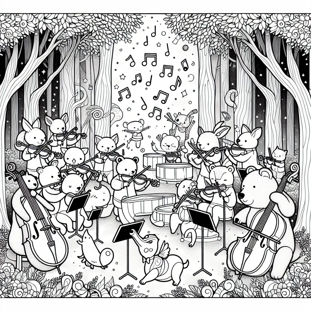 Prépare-toi à partir pour le pays de la musique! Ta mission est de mettre en couleur un orchestre composé uniquement d'animaux jouant des instruments de musique dans une forêt enchantée!