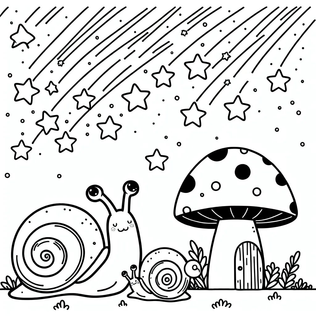 Une famille d'escargots vivant dans une maison en forme de champignon sous une pluie d'étoiles filantes