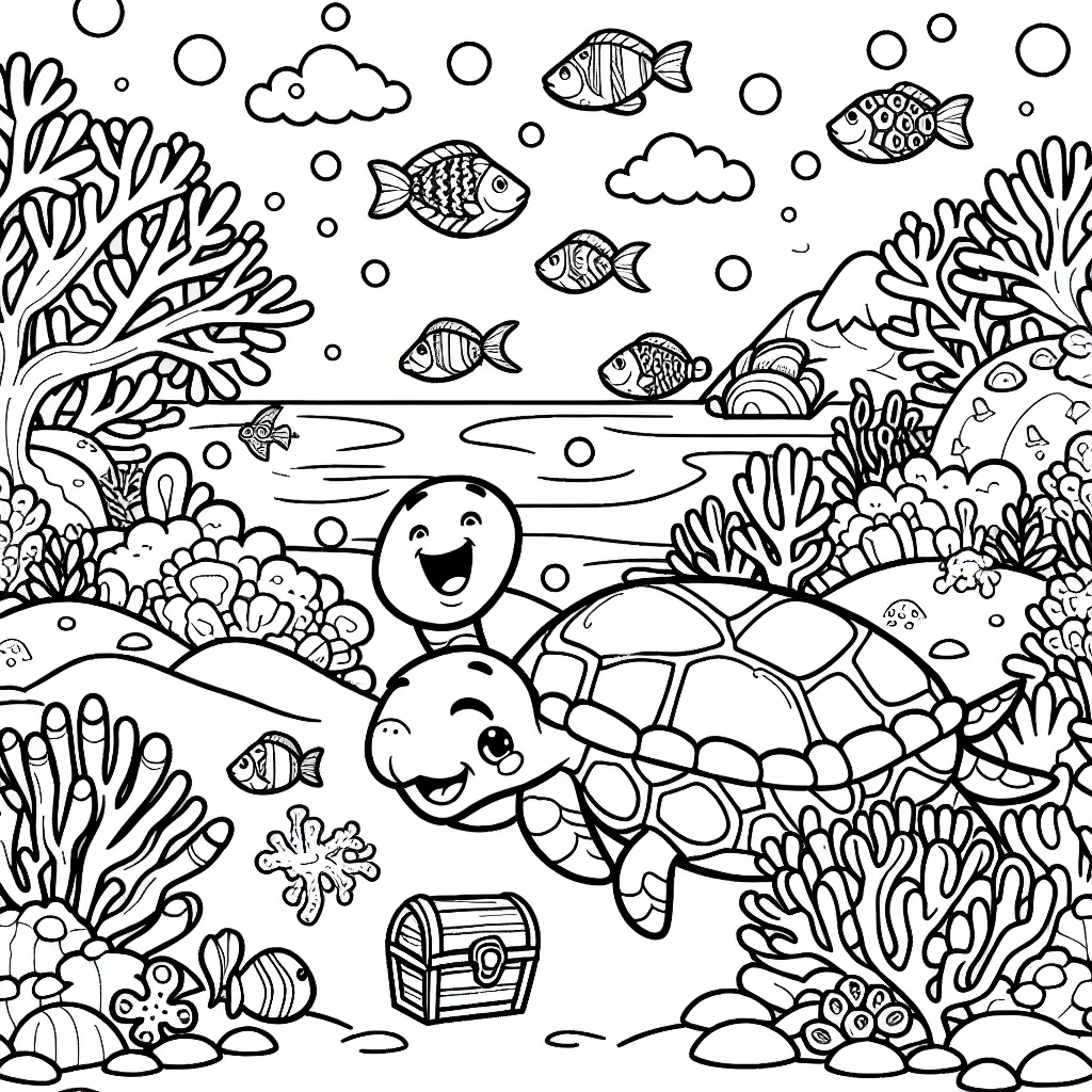 Imagine une scène sous-marine avec une tortue joyeuse et colorée, un banc de poissons multicolores qui danse autour d’elle et un trésor caché dans le récif de corail au loin.