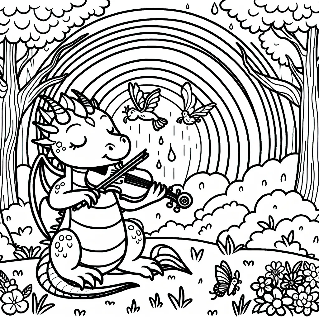 Dessine un dragon qui joue du violon sous un arc-en-ciel en plein milieu d'une forêt enchantée