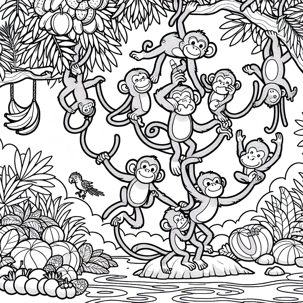Imaginez une troupe de singes acrobates à la jungle drôle et aimants qui font des pitreries dans les arbres. L'un d'eux essaie de jongler avec des bananes, l'autre fait une pyramide de singes et certains sont suspendus aux branches. Il y a aussi des fruits tropicaux, des perroquets multicolores, des animaux de la jungle et une rivière paresseuse qui serpente au bas de la scène.
