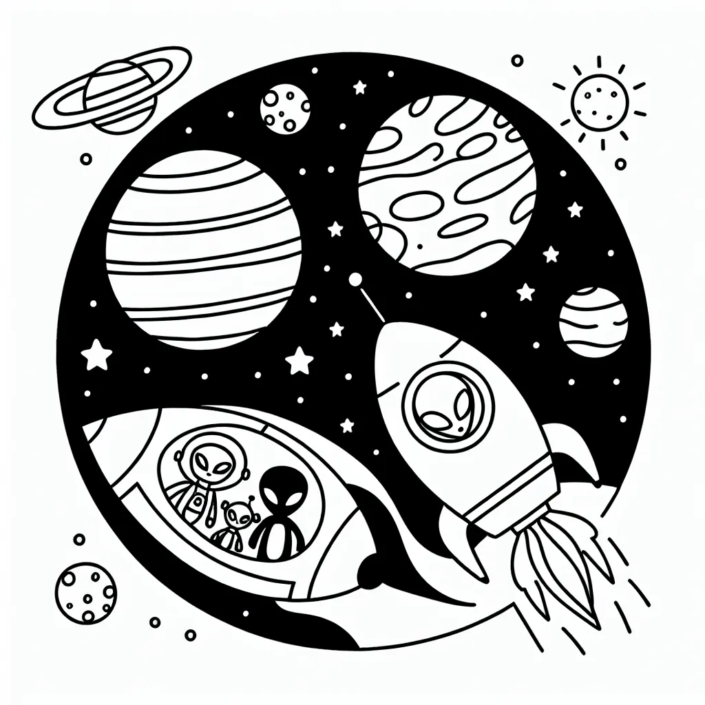 Imagine et dessine un vaisseau spatial lancé dans l'espace vers une planète multicolore, avec une famille d'extraterrestres amicaux