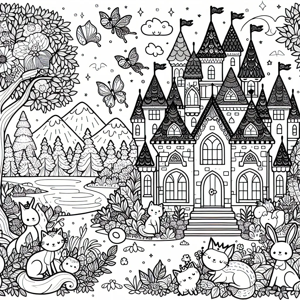 Dessine un superbe château de fées enchantées entouré d'un jardin magique avec des animaux mignons et colorés.