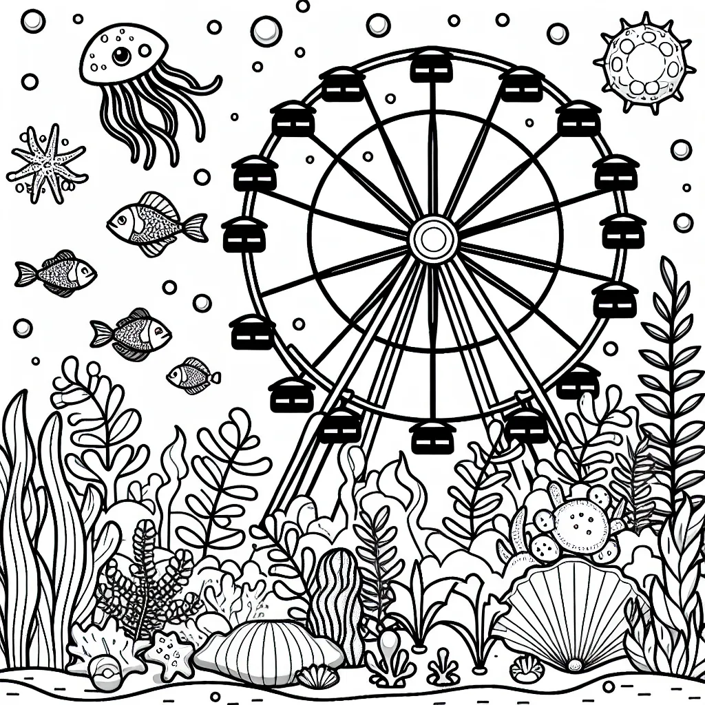 Dessine un parc d'attractions sous-marin avec des poissons, des algues et une grande roue.