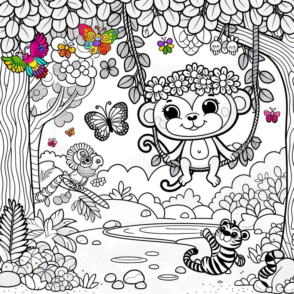 Dans une jungle d'arbres doux et lumineux, un petit singe malicieux se balance sur une liane de vigne. Il porte une couronne de fleurs, à chaque bout de sa liane se trouvent des papillons multicolores. Dans les arbres, des perroquets chatoyants en plein chant, des fruits débordants de couleurs vives à déguster. En bas, un paisible ruisseau bordé de pierres brillantes. A proximité, un tigre facétieux joue avec un ruban arc-en-ciel.