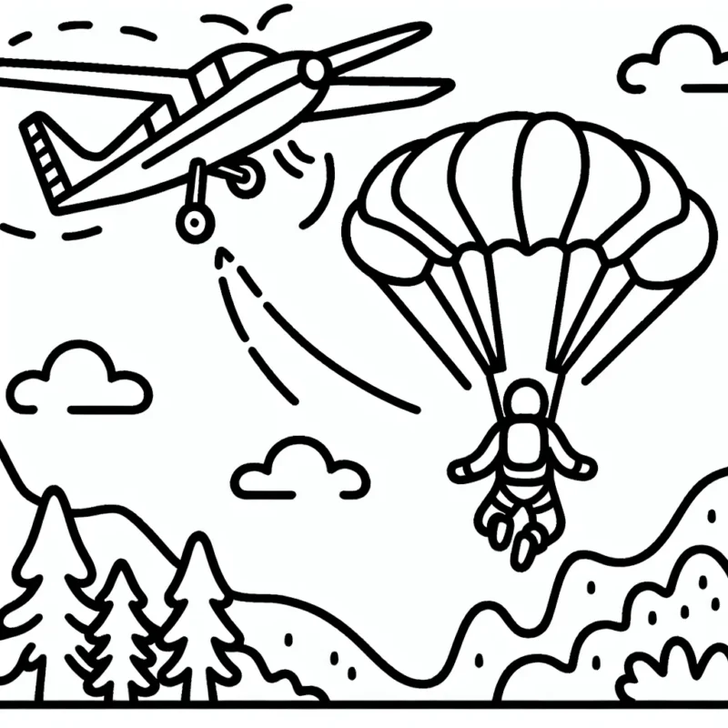 Un parachutiste émergeant d'un avion, en plein saut, avec une montagne et des arbres en arrière-plan