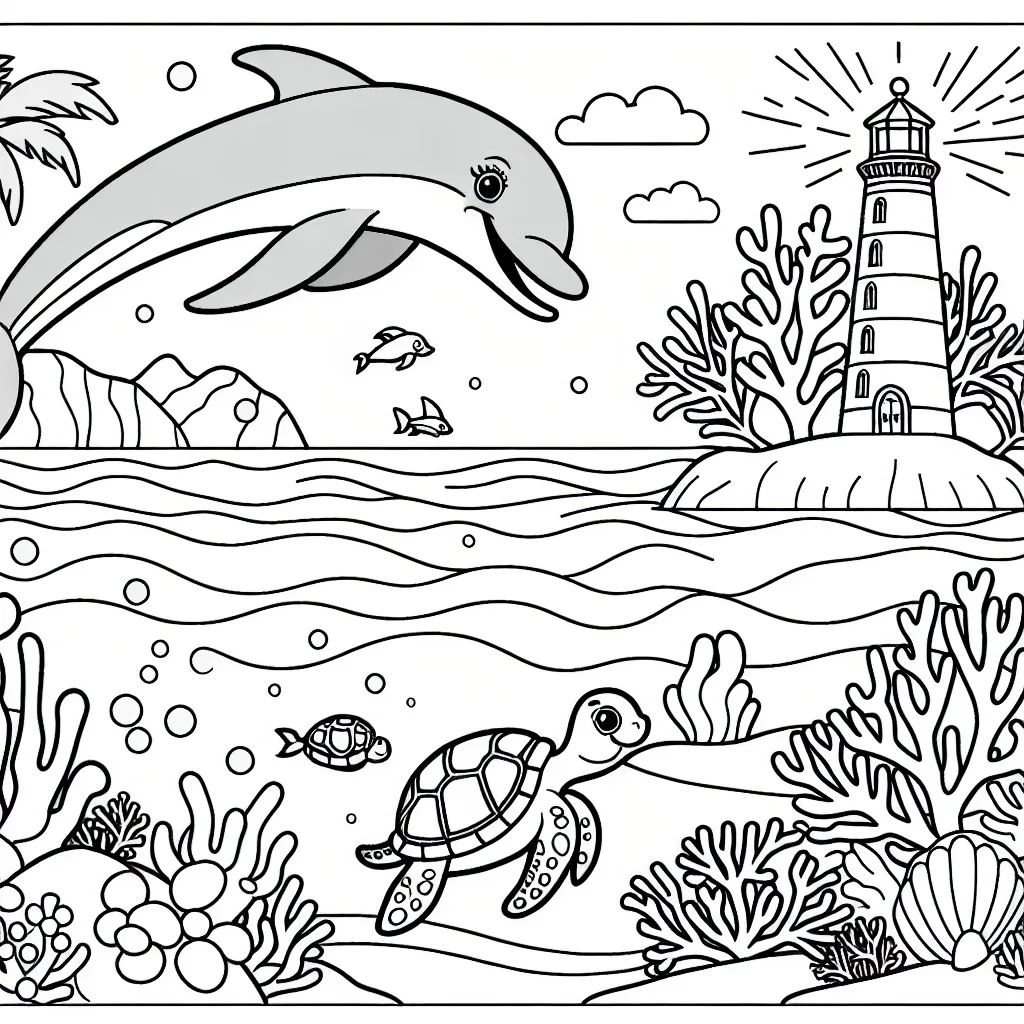 Imaginez un paysage aquatique plein de vie avec un dauphin joueur qui saute hors de l'eau, une tortue joyeuse qui nage tranquillement et un corail coloré au fond de l'eau. Dessine également un phare brillant sur une petite île au loin.