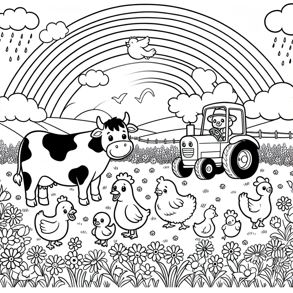 Tracez une scène bucolique avec des animaux de la ferme s’amusant dans un champ fleuri sous un arc-en-ciel. Il y a une vache, un cochon, des poules et des canards. N’oubliez pas le fermier qui conduit son tracteur au loin.