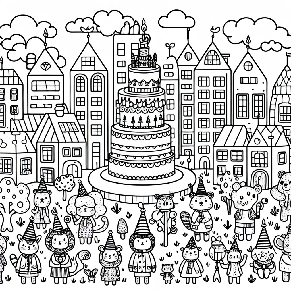 Une mini-ville animée avec des animaux vêtus comme des humains, des maisons-champignons et un arbre-gâteau de fête en plein centre