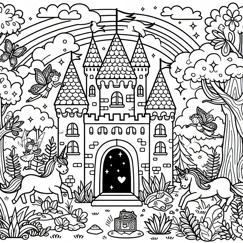 Dessine un grand château dans une forêt enchantée, entouré de fées et de licornes. Il y a aussi un trésor scintillant caché sous un arc-en-ciel.