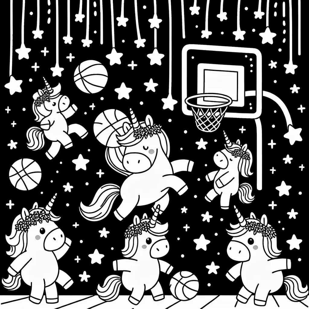 Dessine un groupe de licornes jouant au basket sous une pluie d'étoiles scintillantes.