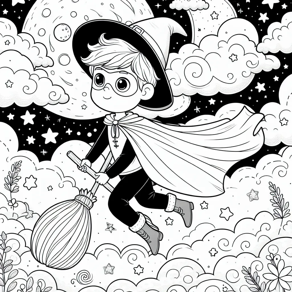 Un jeune super-héros vole vers le ciel étoilé, armé de son balai magique. Il est habillé d'une cape fluide et porte un chapeau pointu avec une écharpe volant au vent. Autour de lui se trouvent des nuages foisonnants, une lune rêveuse, des étoiles scintillantes et de mystérieuses créatures célestes.