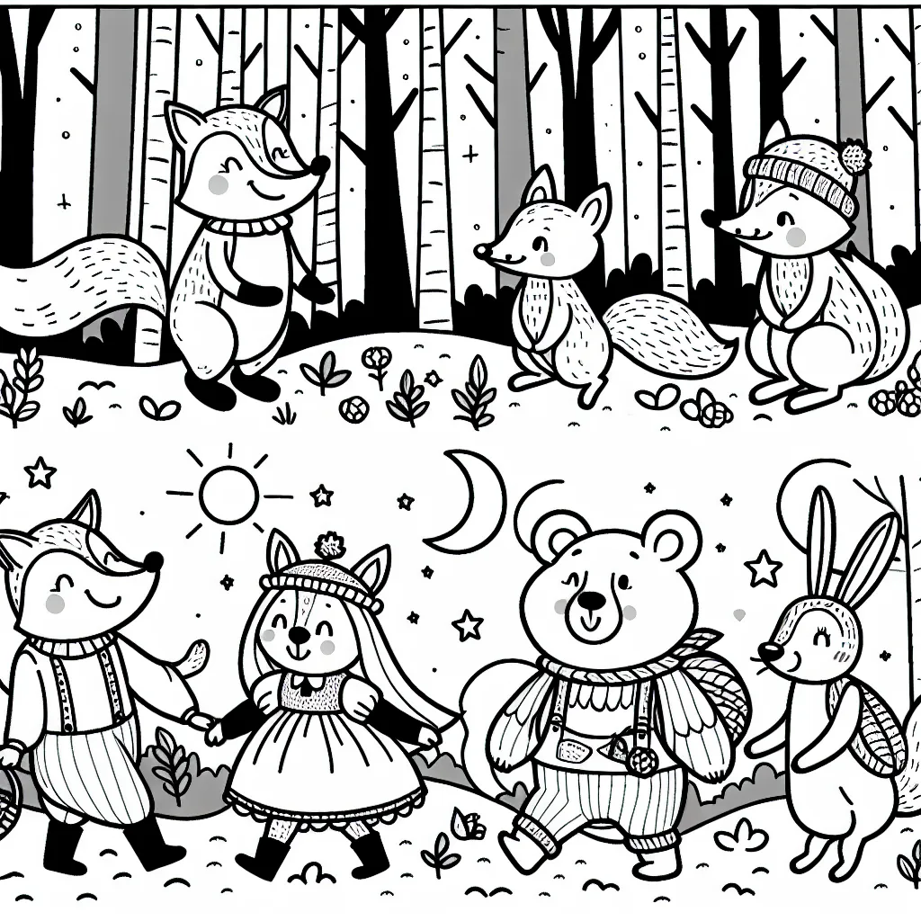 Représente une bande d'amis de la forêt dans leur aventure, où dans chaque scène un dessin est réalisé. Les personnages incluent un renard rusé, un ours doux, un écureuil agité et un lapin timide. Montre leurs activités au quotidien, jouant ensemble, explorant la forêt, partageant des baies et racontant des histoires sous la lune.