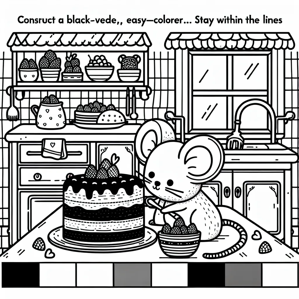 Imagine un coloriage où une petite souris réalise sa première recette de gâteau au chocolat dans une cuisine pleine de détails.