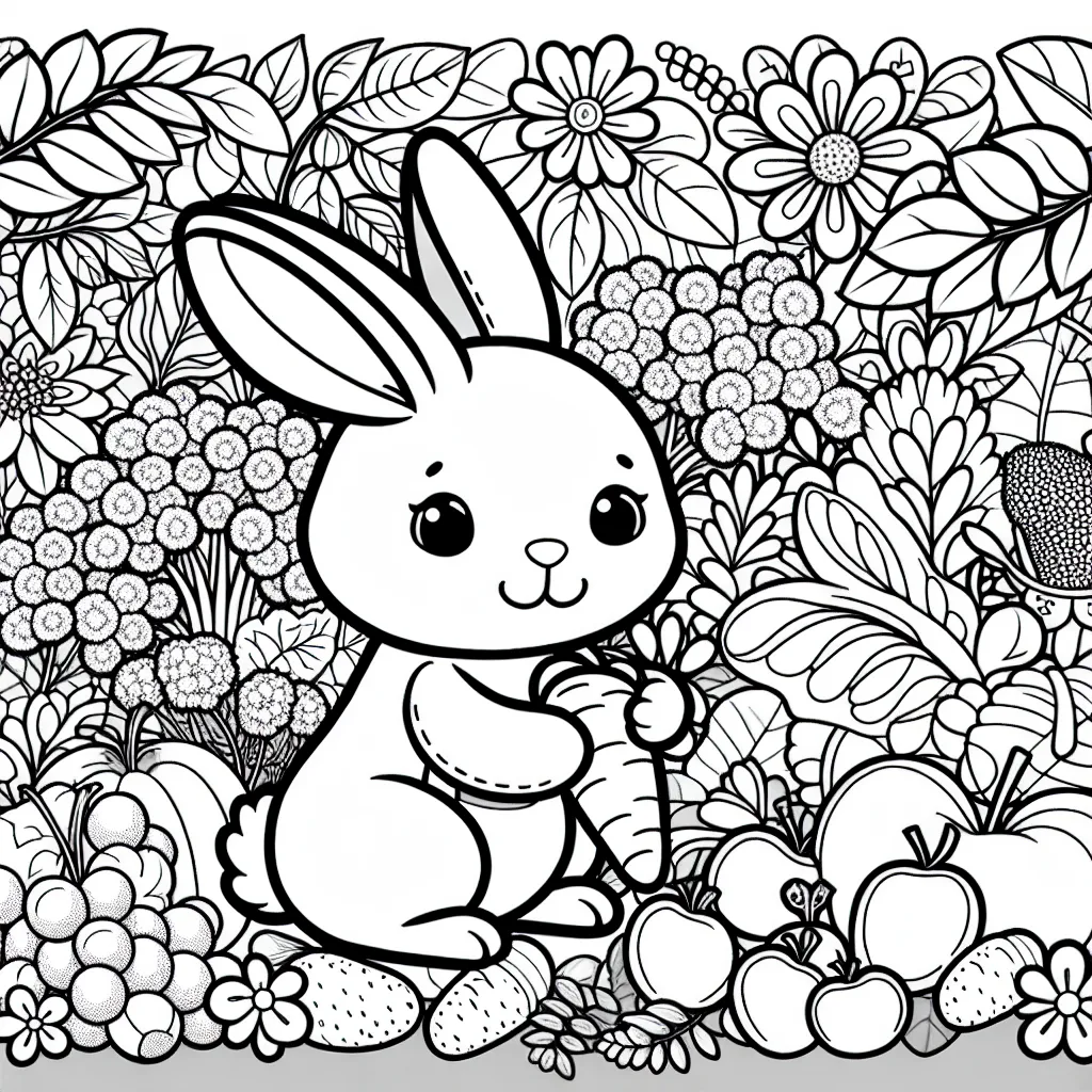 Dans ce dessin, les enfants peuvent colorier un joli lapin dans son jardin secret, plein de fruits, de légumes et de belles fleurs.