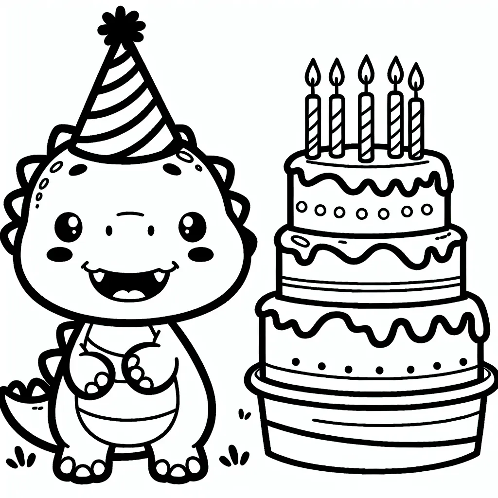 Un adorable petit dinosaure avec un chapeau de fête, souriant et debout à côté d'un gâteau d'anniversaire géant couvert de bougies.