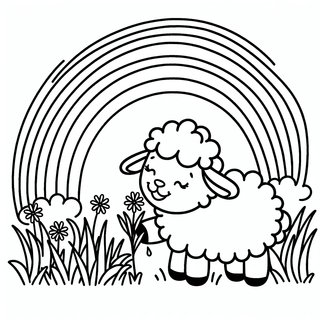 Un agneau heureux mangeant de l'herbe sous un arc-en-ciel vibrant