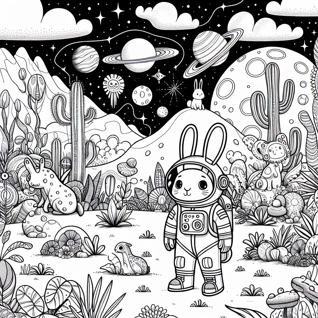 une scène très détaillée où un lapin astronaute explore une planète étrange peuplée d'aliens amicaux et d'une faune incroyablement diversifiée