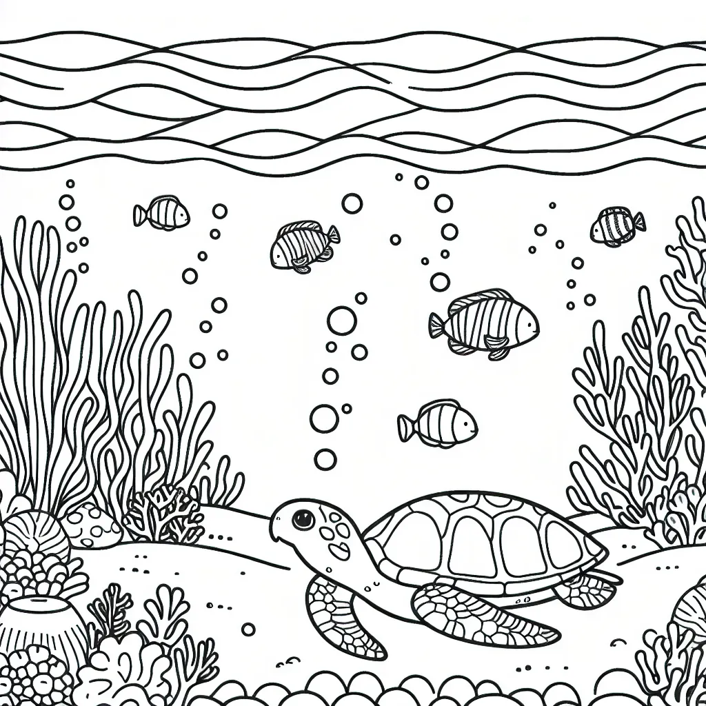 Un paysage aquatique foisonnant de vie avec des tortues marines, des poissons colorés et un trésor caché